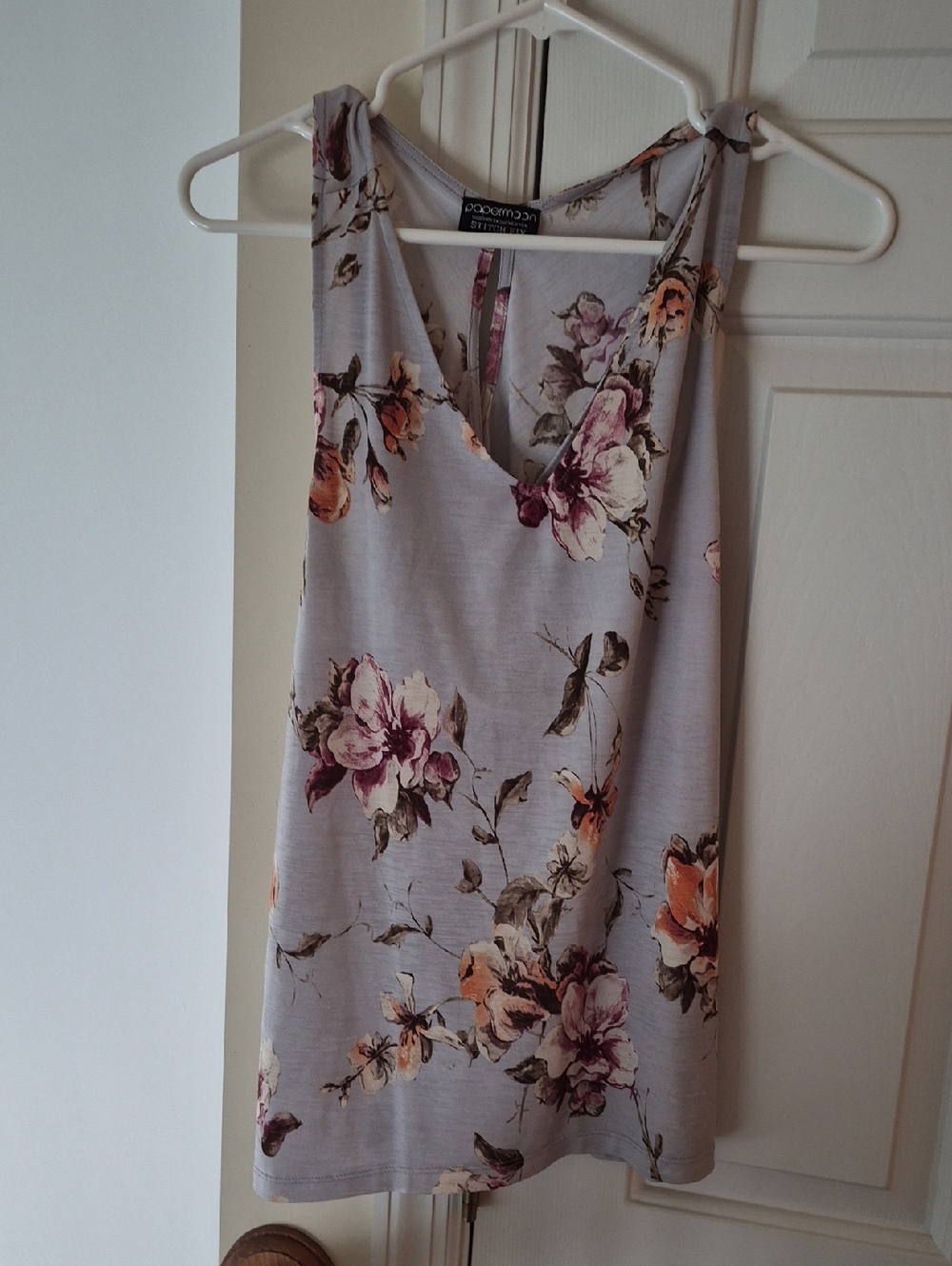 Papermoon Light Gray Floral V-Neck Tank Top with Pink & Orange Blooms